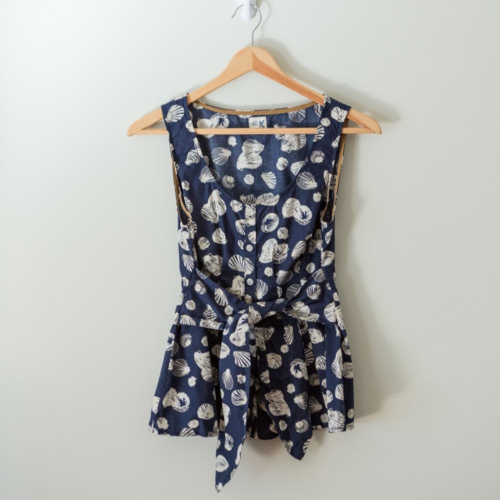 Blue and white seashell button-up shirt